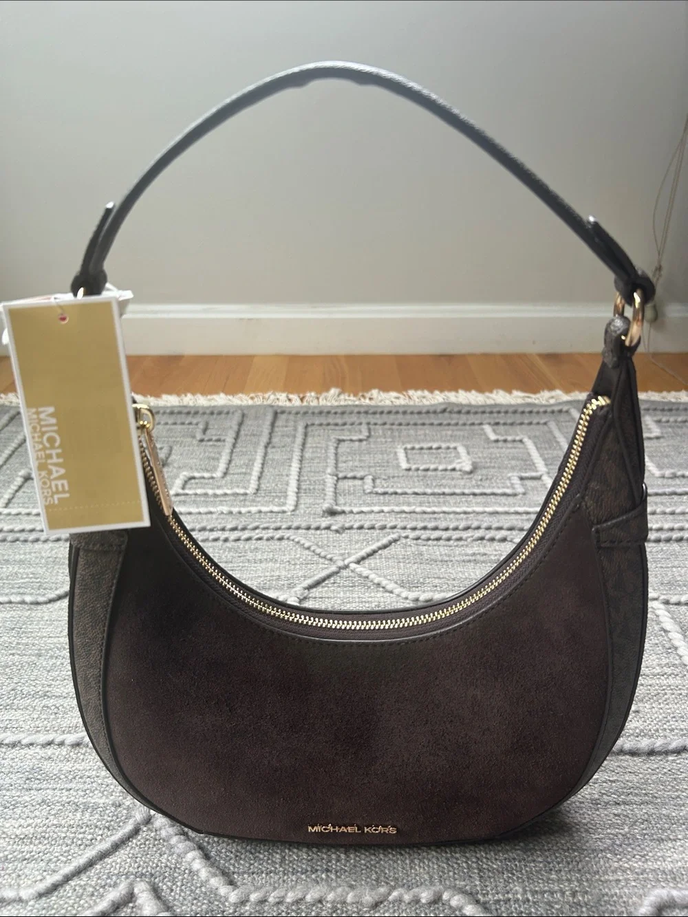 Michael Kors Preston Dark Chocolate Brown Suede & Leather Hobo Shoulder Bag- NWT